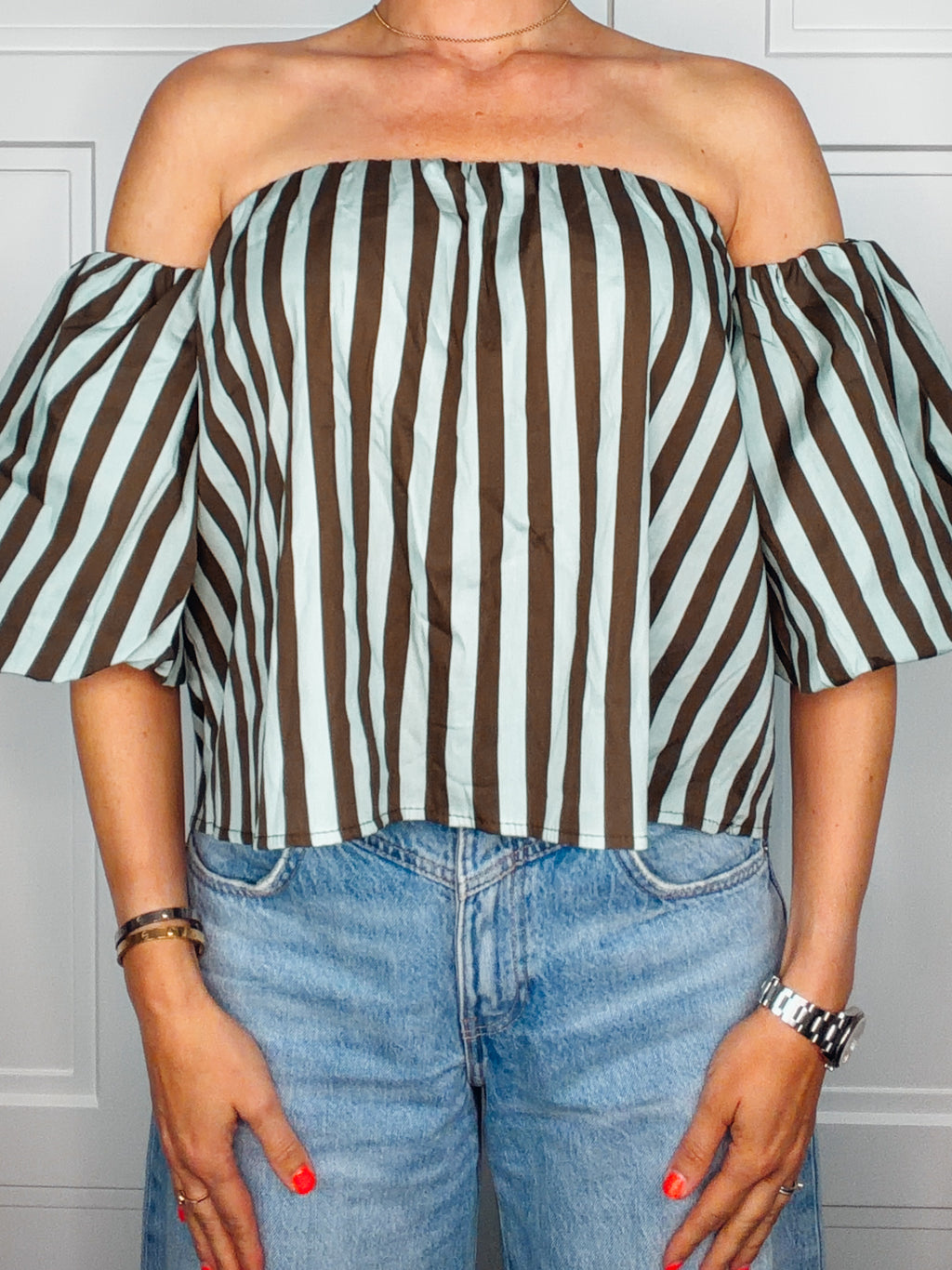 Schulterfreie Baumwollbluse "Mint Stripes" – Made in Italy