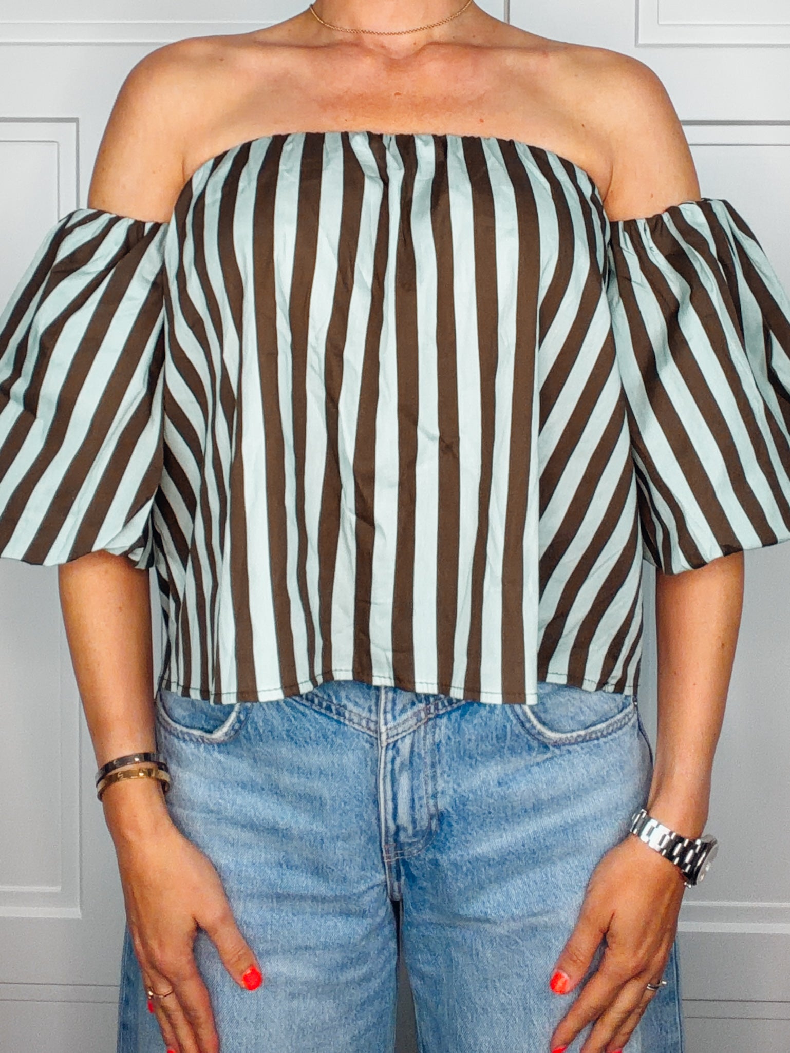 Schulterfreie Baumwollbluse "Mint Stripes" – Made in Italy
