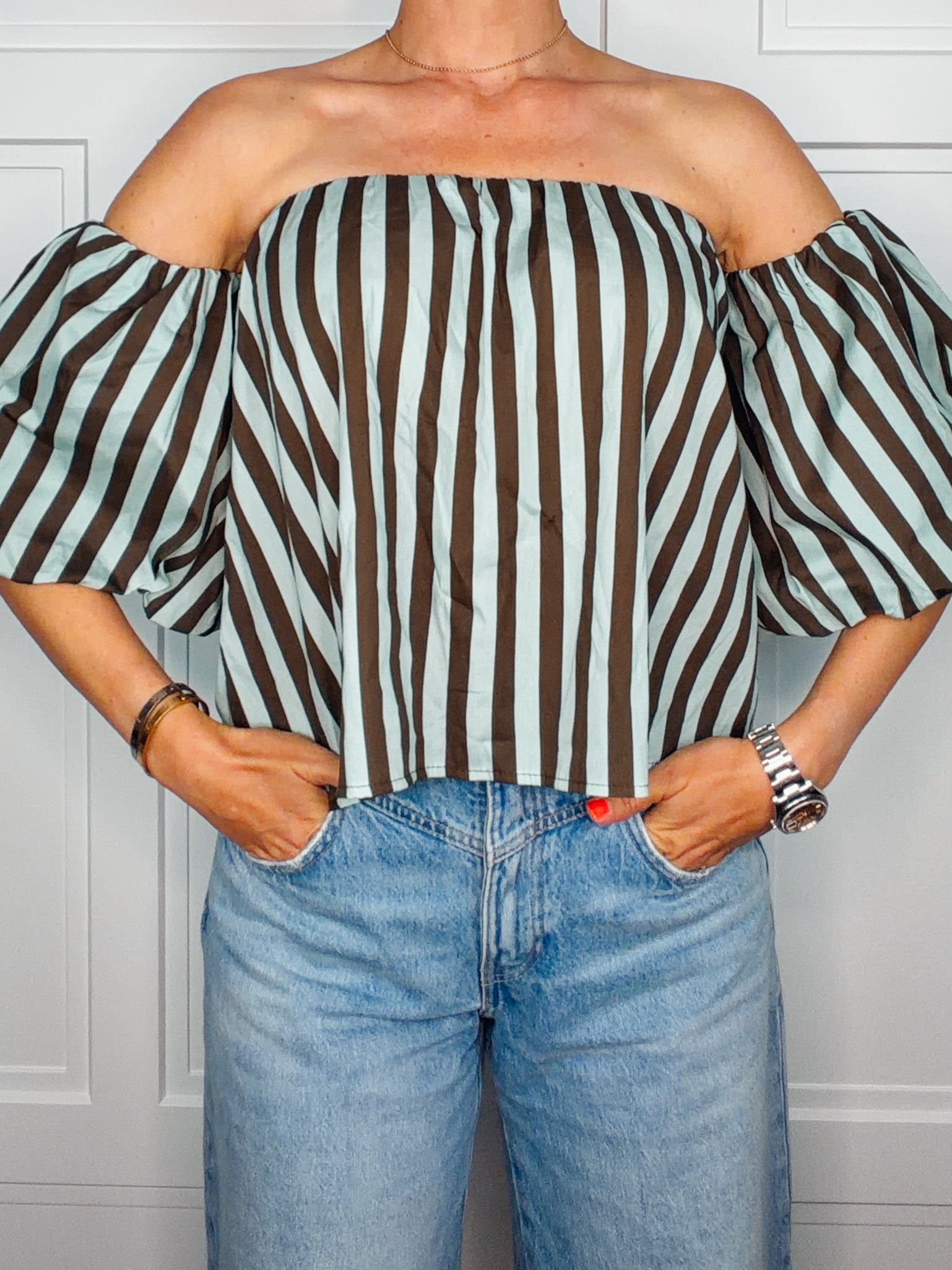 Schulterfreie Baumwollbluse "Mint Stripes" – Made in Italy