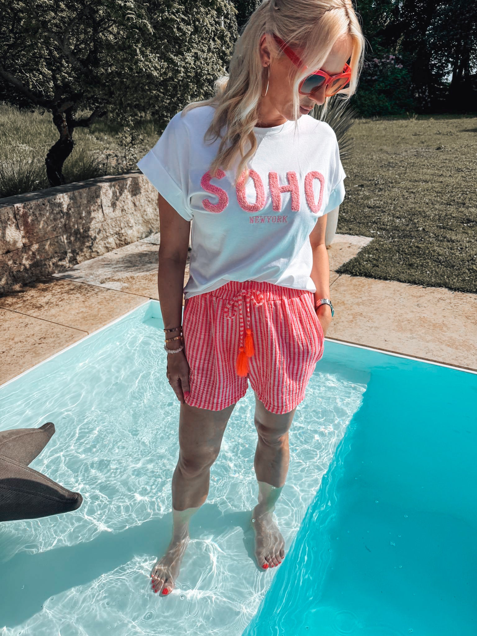Musselin-Shorts in Neonpink/Weiß | 100 % Baumwolle | Gr. 36–42