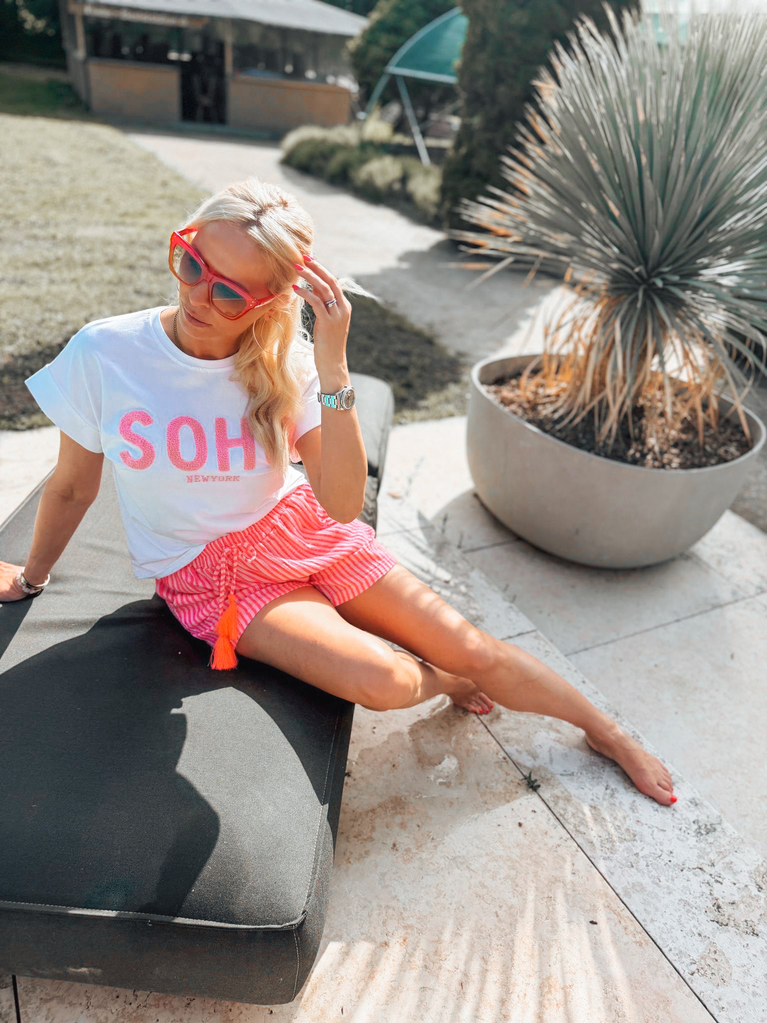 Musselin-Shorts in Neonpink/Weiß | 100 % Baumwolle | Gr. 36–42